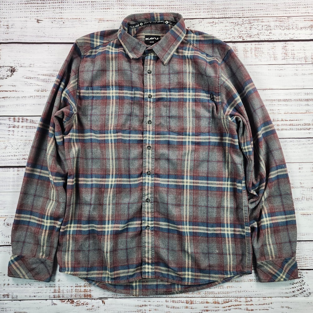 Kavu Plaid Flannel‎ Shirt Mens XL Long Sleeve Button Down Grey Burgundy Plaid